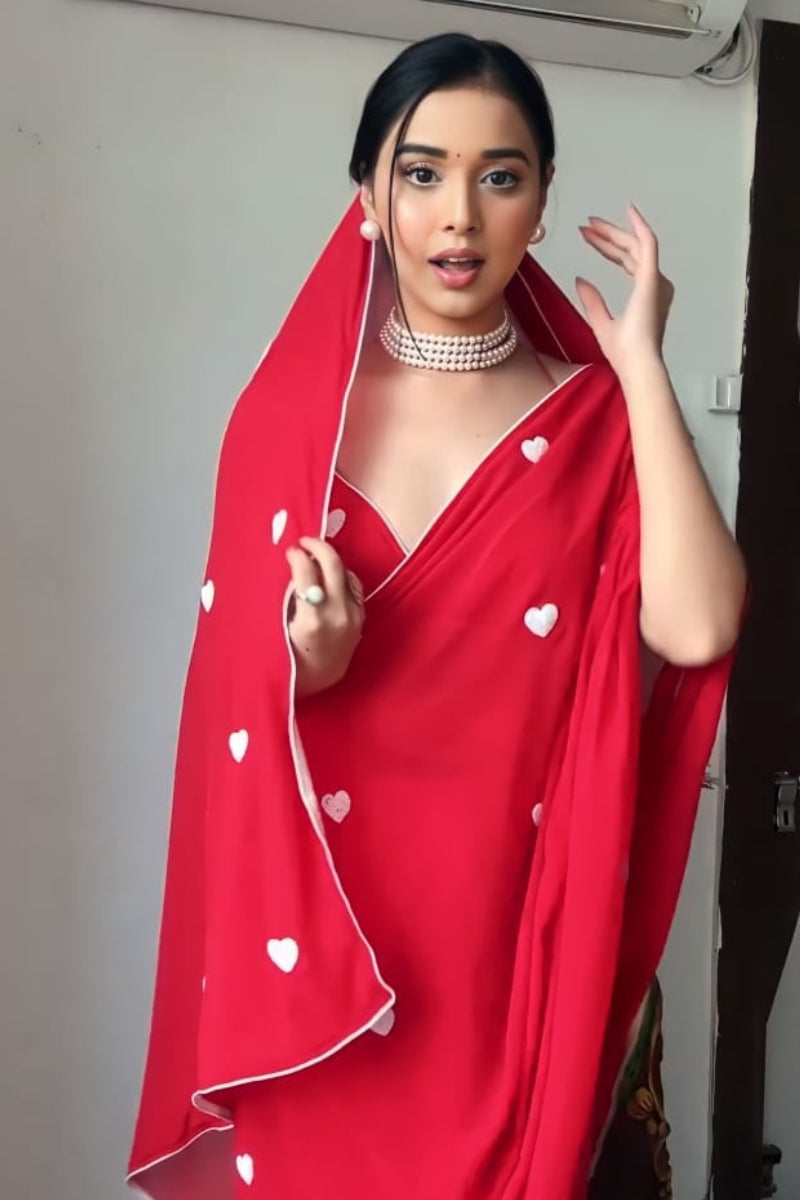 Wonderous One Minute Ready To Wear Red Georgette Saree