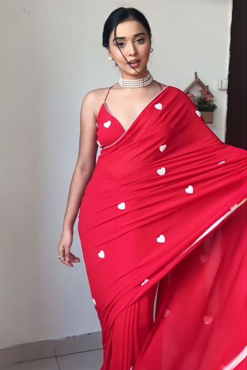 Wonderous One Minute Ready To Wear Red Georgette Saree