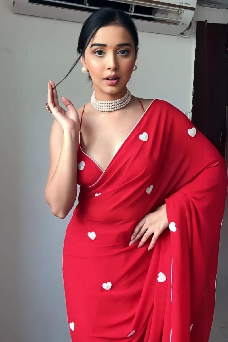 Wonderous One Minute Ready To Wear Red Georgette Saree