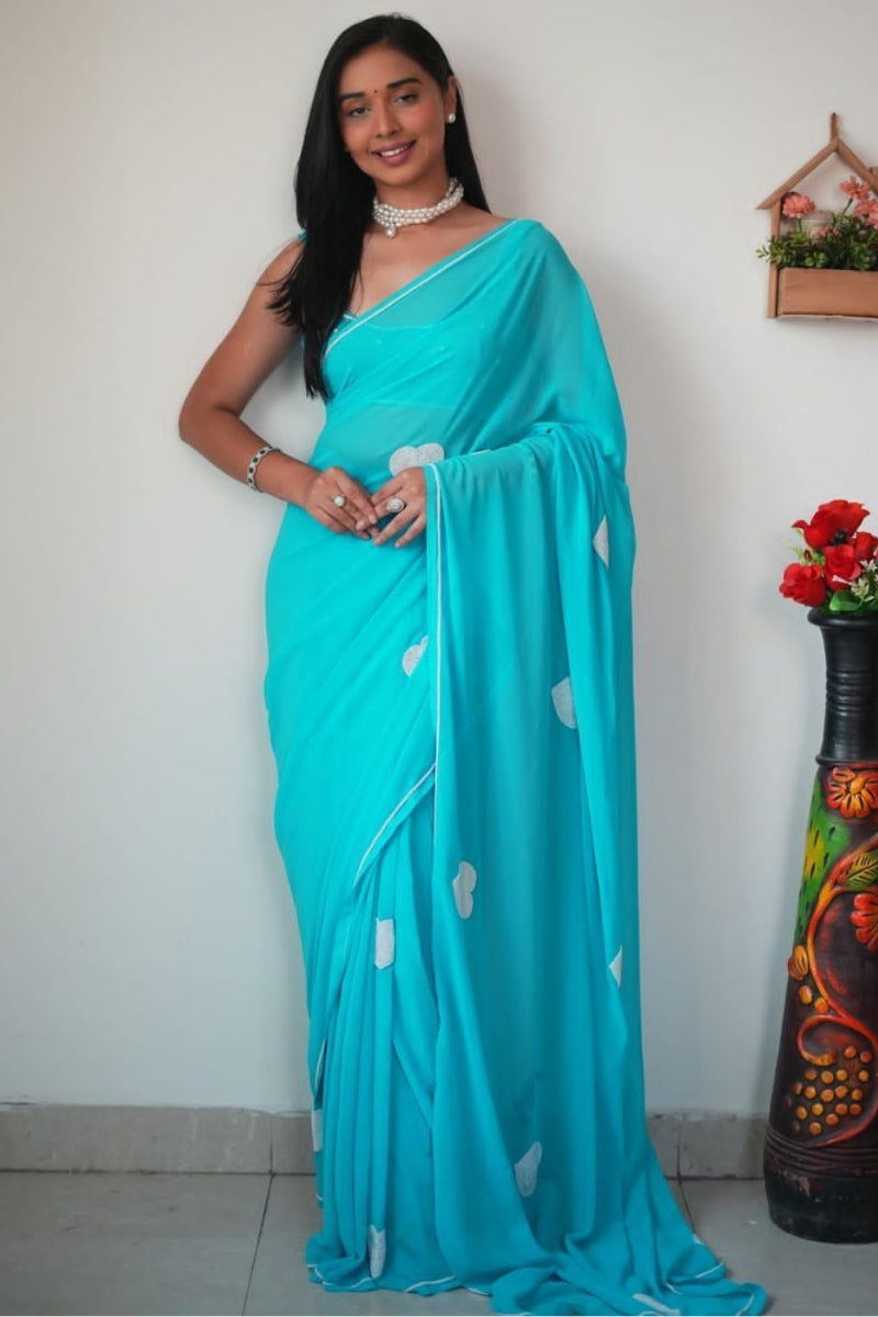 Sparkling One Minute Ready To Wear Sky Georgette Saree