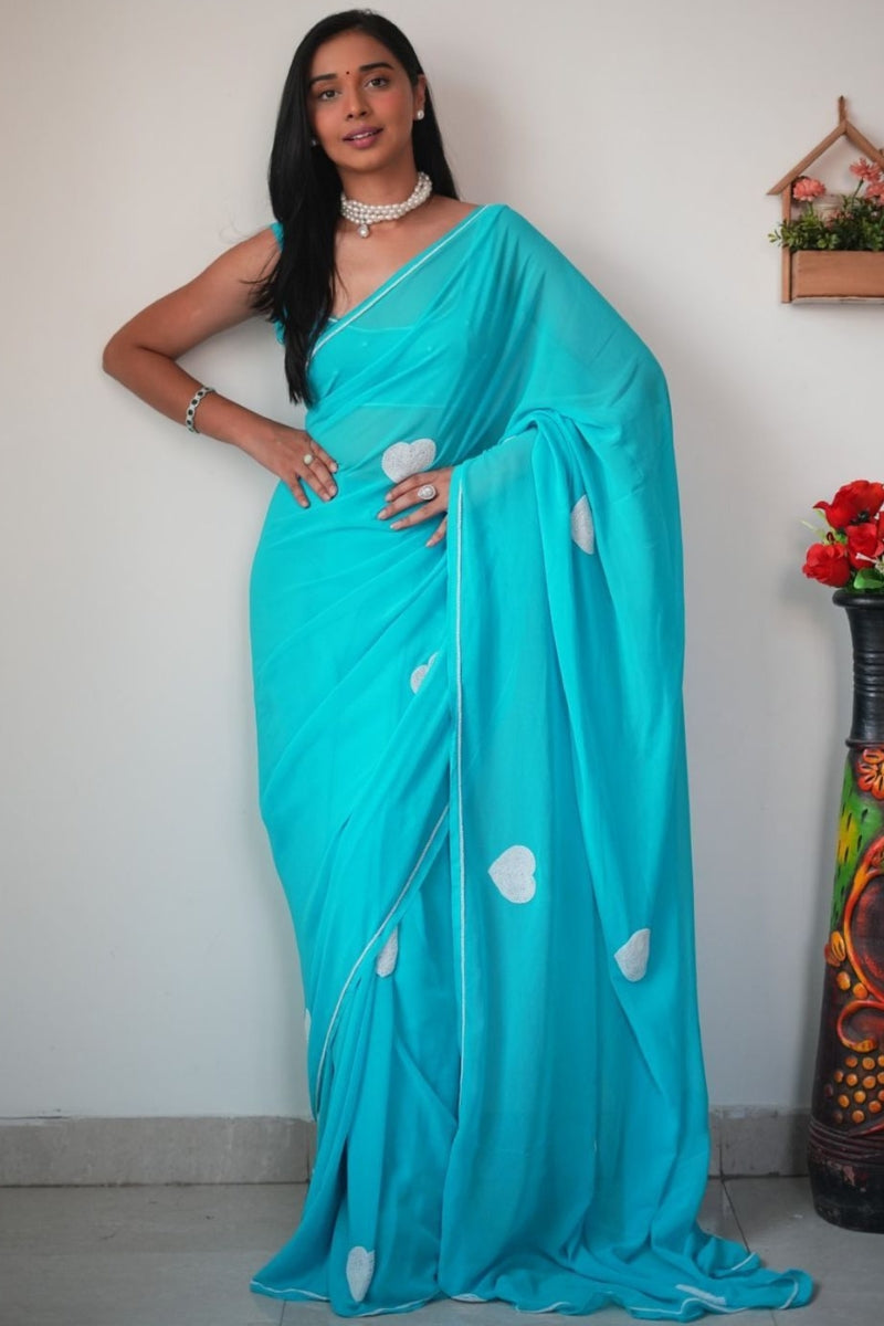 Sparkling One Minute Ready To Wear Sky Georgette Saree