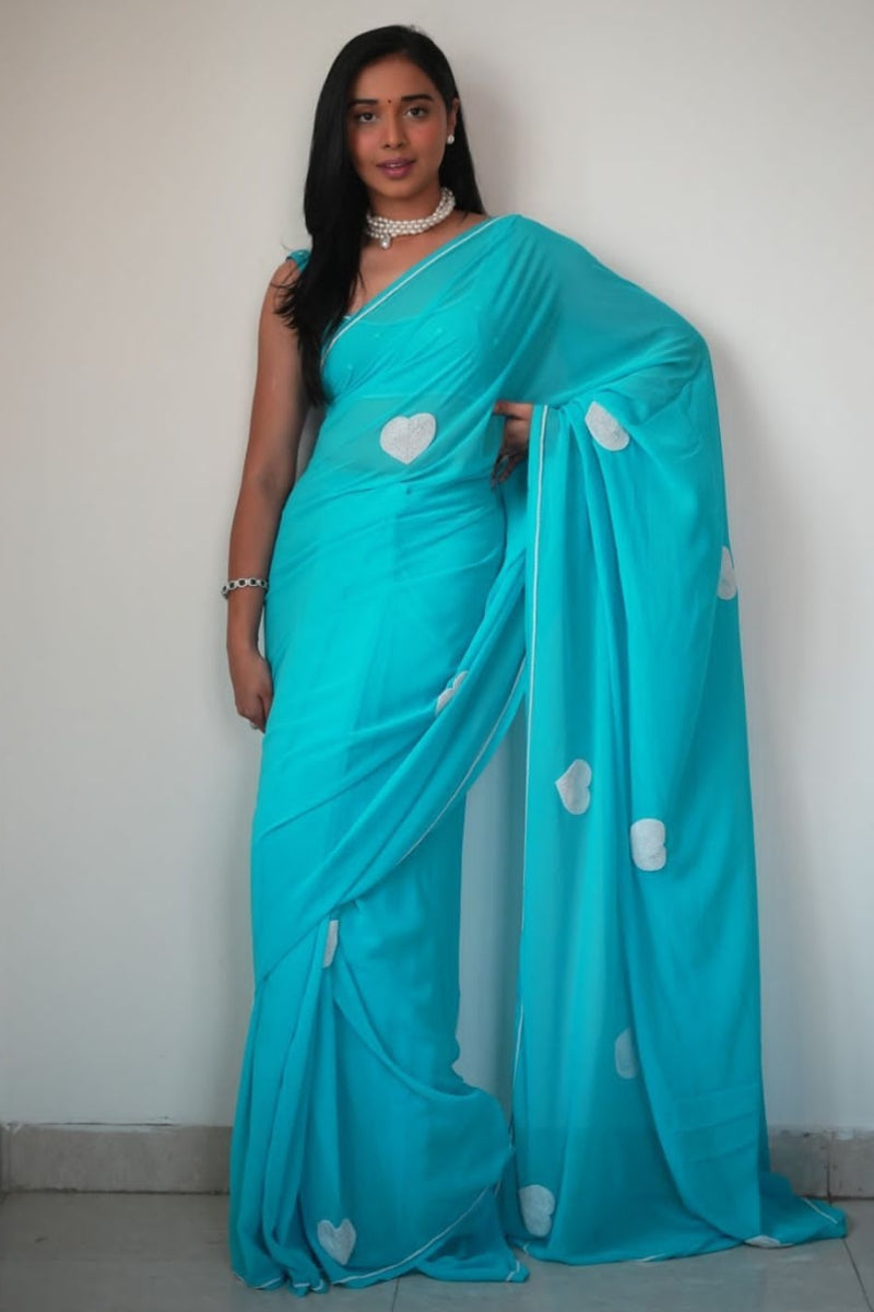 Sparkling One Minute Ready To Wear Sky Georgette Saree