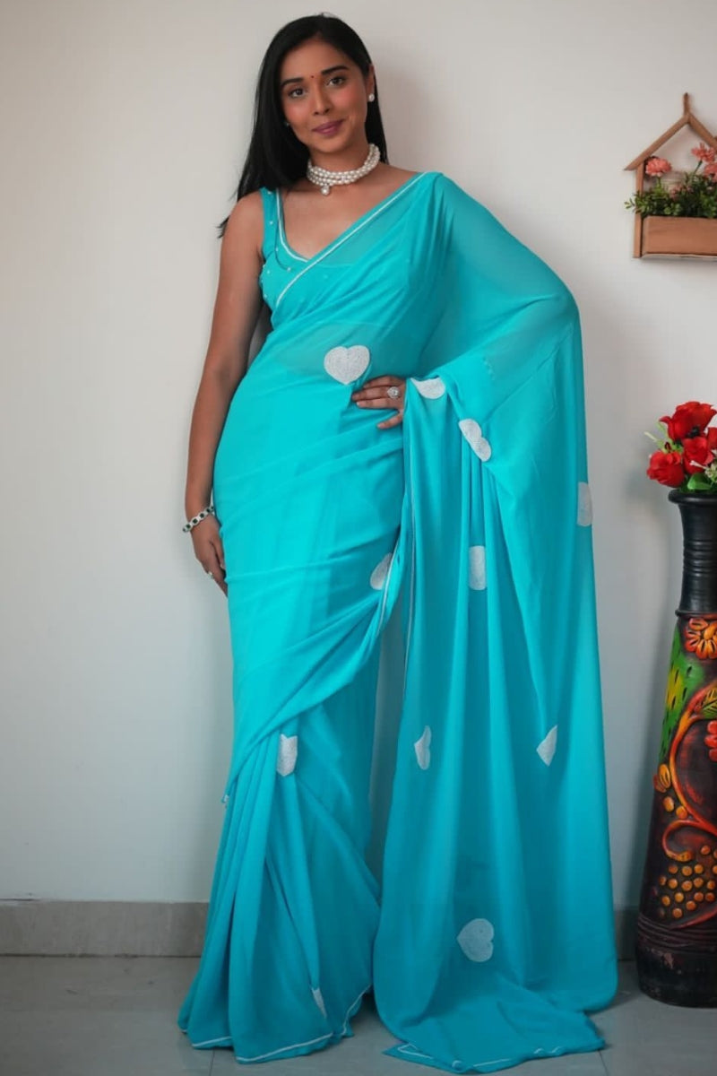 Sparkling One Minute Ready To Wear Sky Georgette Saree