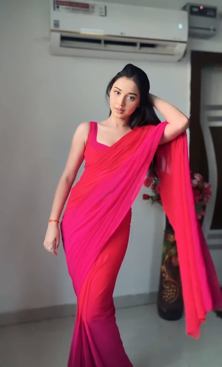 Lustre One Minute Ready To Wear Red And Pink Georgette Saree