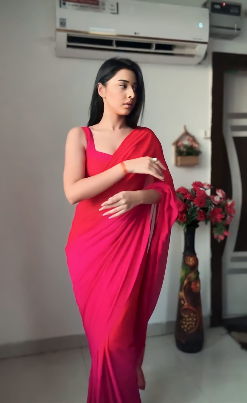 Lustre One Minute Ready To Wear Red And Pink Georgette Saree