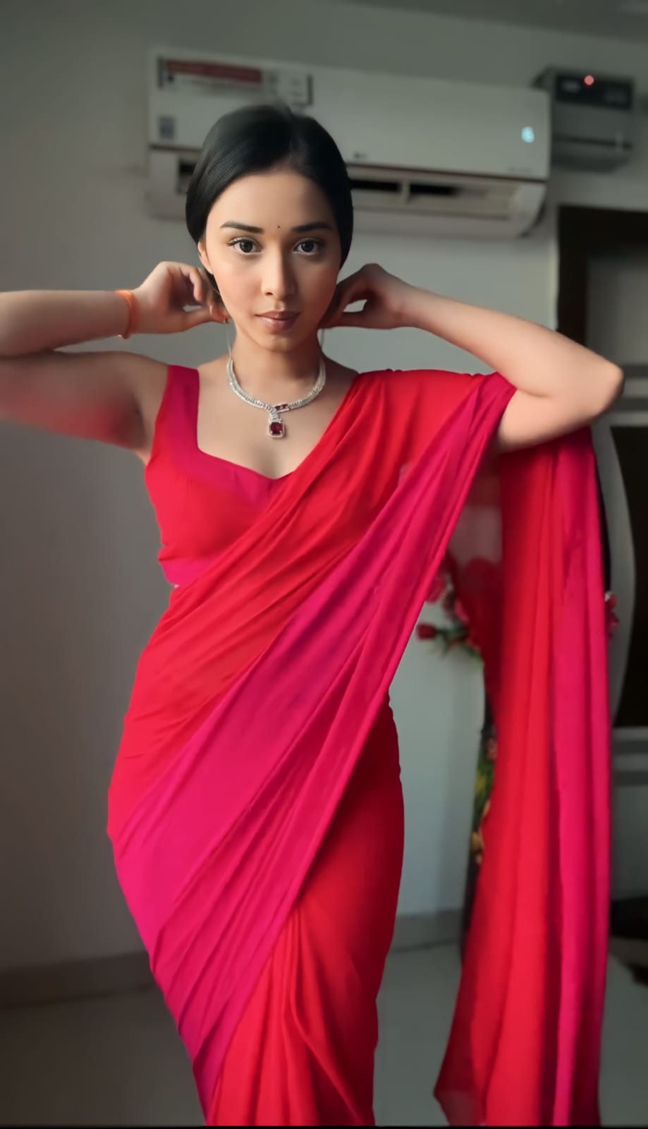 Lustre One Minute Ready To Wear Red And Pink Georgette Saree