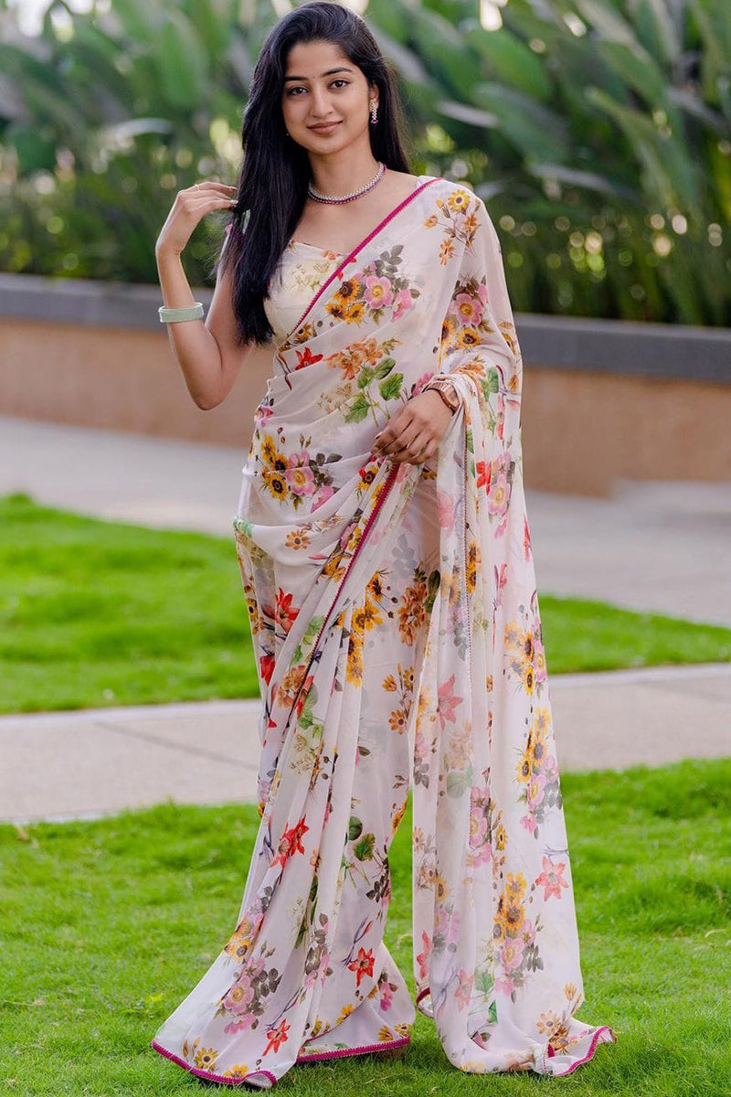 Gorgeous One Minute Ready To Wear White Georgette Saree