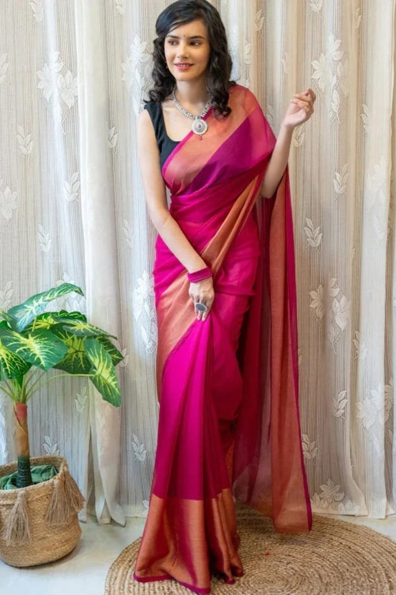 Floret One Minute Ready To Wear Dark Pink Chiffon Silk Saree