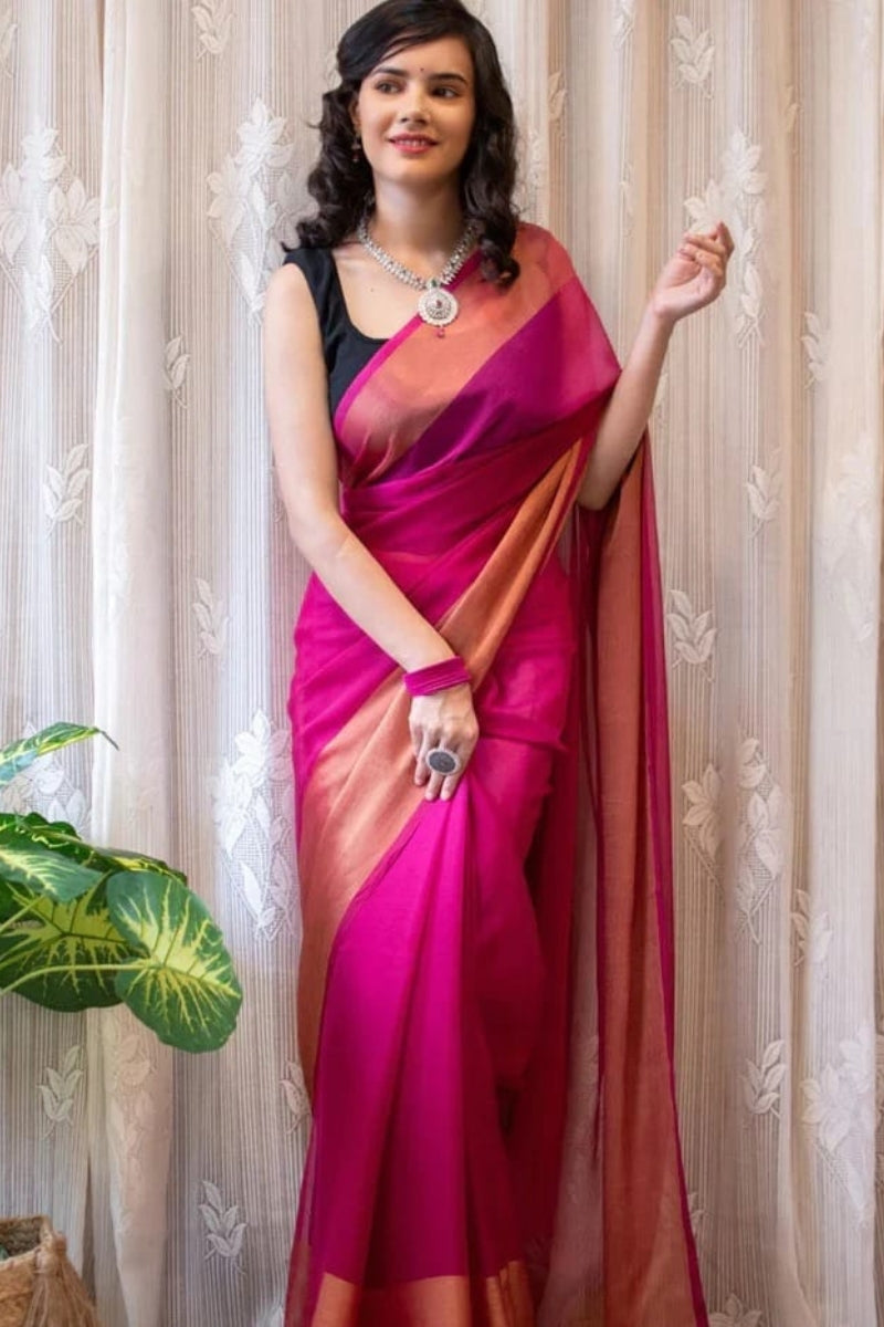 Floret One Minute Ready To Wear Dark Pink Chiffon Silk Saree