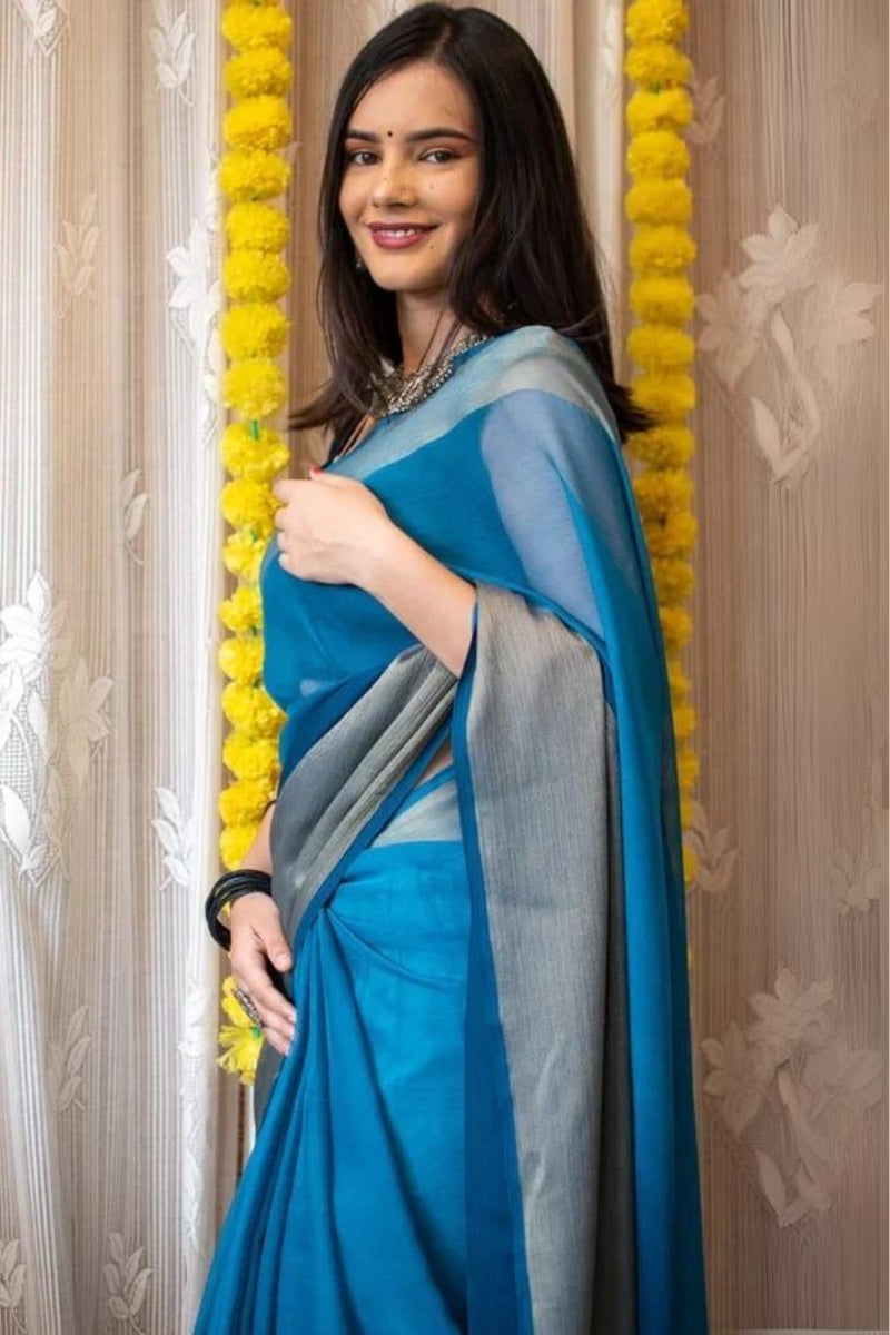 Enamour One Minute Ready To Wear Firozi Chiffon Silk Saree