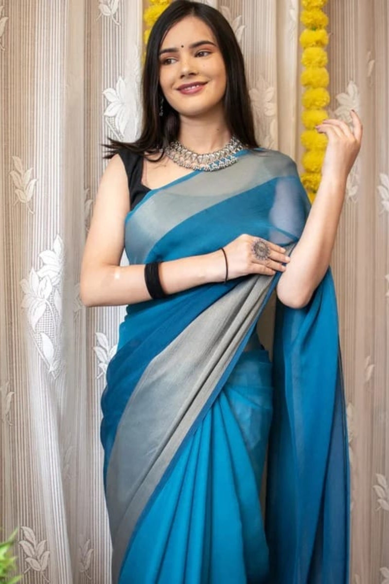 Enamour One Minute Ready To Wear Firozi Chiffon Silk Saree