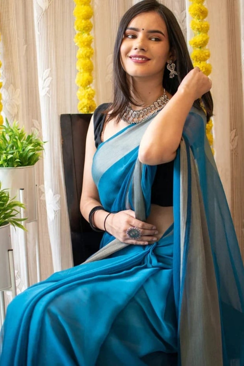 Enamour One Minute Ready To Wear Firozi Chiffon Silk Saree