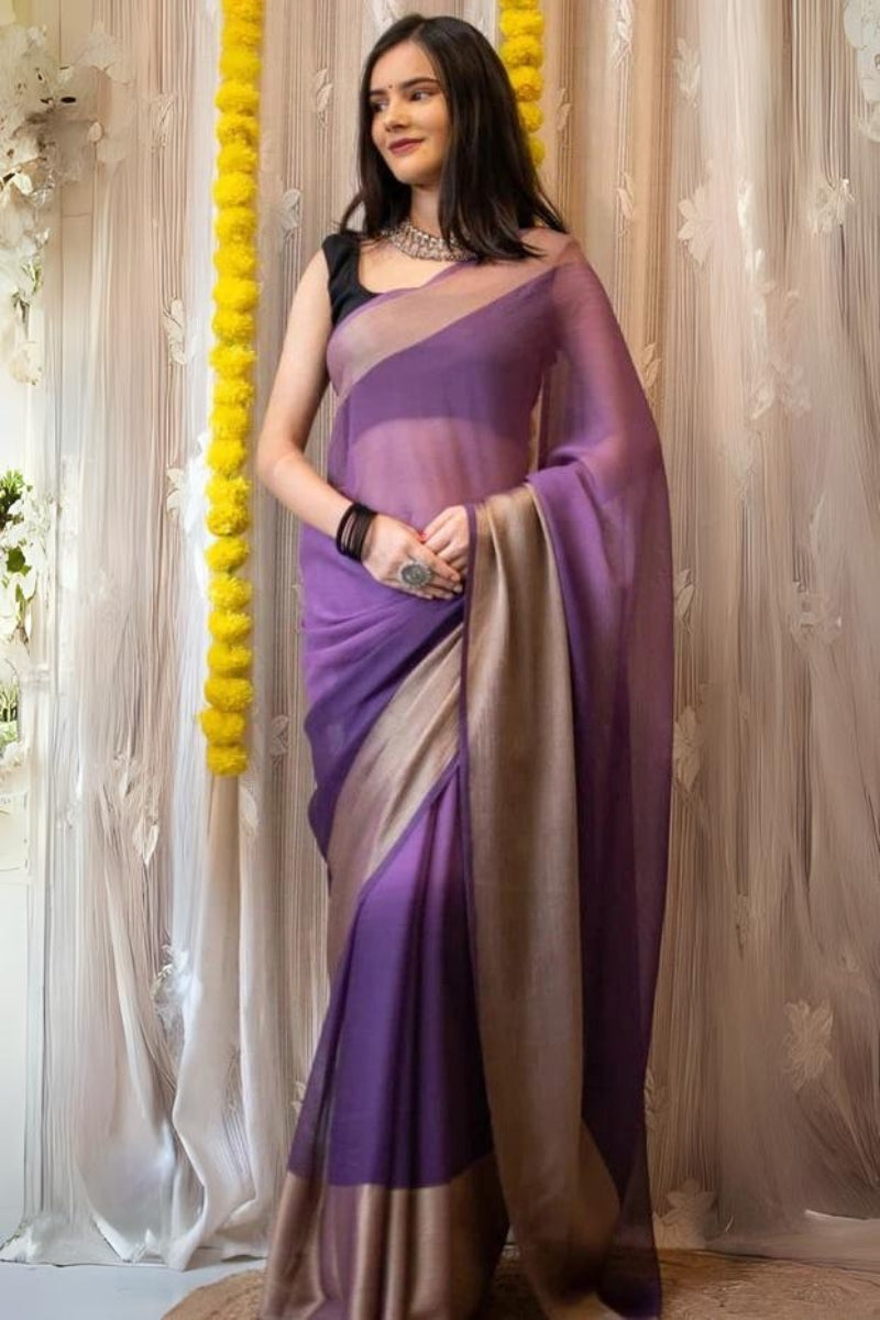 Dreamy One Minute Ready To Wear Lavender Chiffon Silk Saree