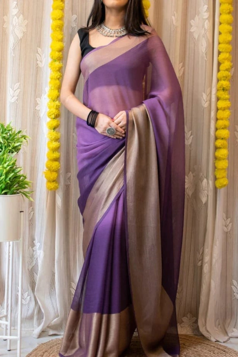 Dreamy One Minute Ready To Wear Lavender Chiffon Silk Saree