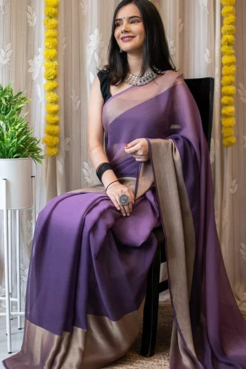 Dreamy One Minute Ready To Wear Lavender Chiffon Silk Saree