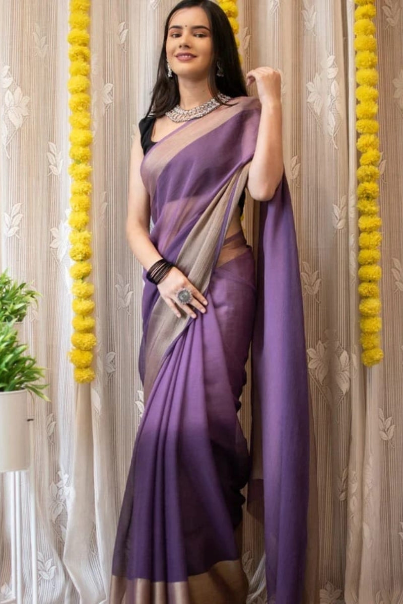 Dreamy One Minute Ready To Wear Lavender Chiffon Silk Saree