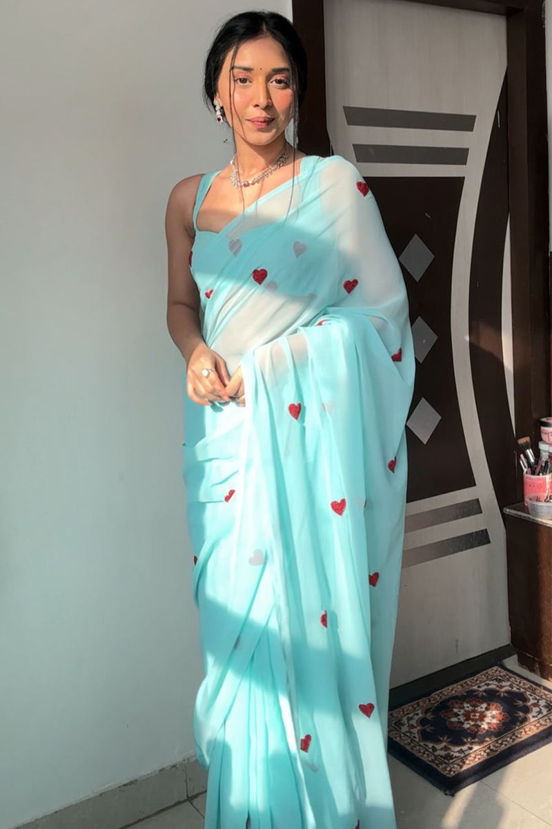 Blooming One Minute Ready To Wear Sky Georgette Saree