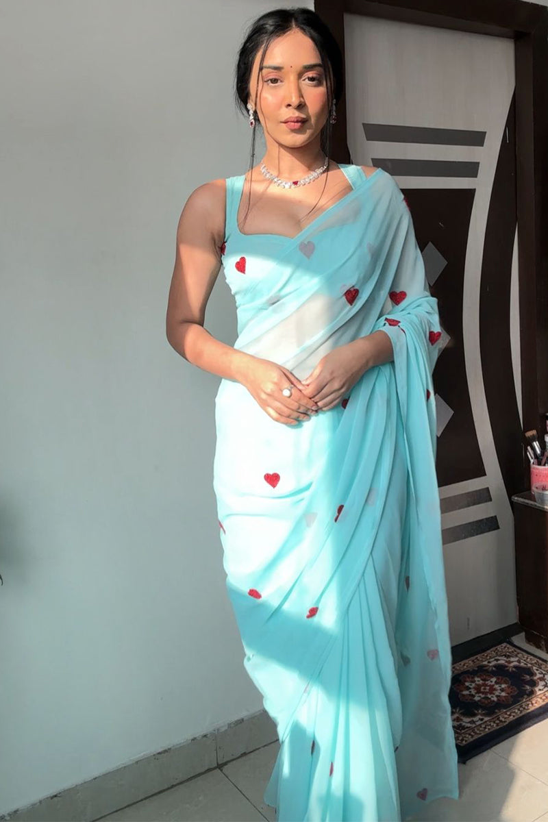 Blooming One Minute Ready To Wear Sky Georgette Saree