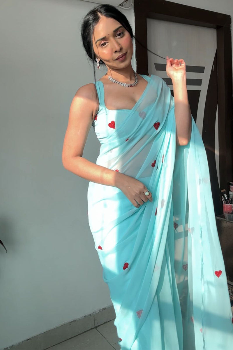 Blooming One Minute Ready To Wear Sky Georgette Saree