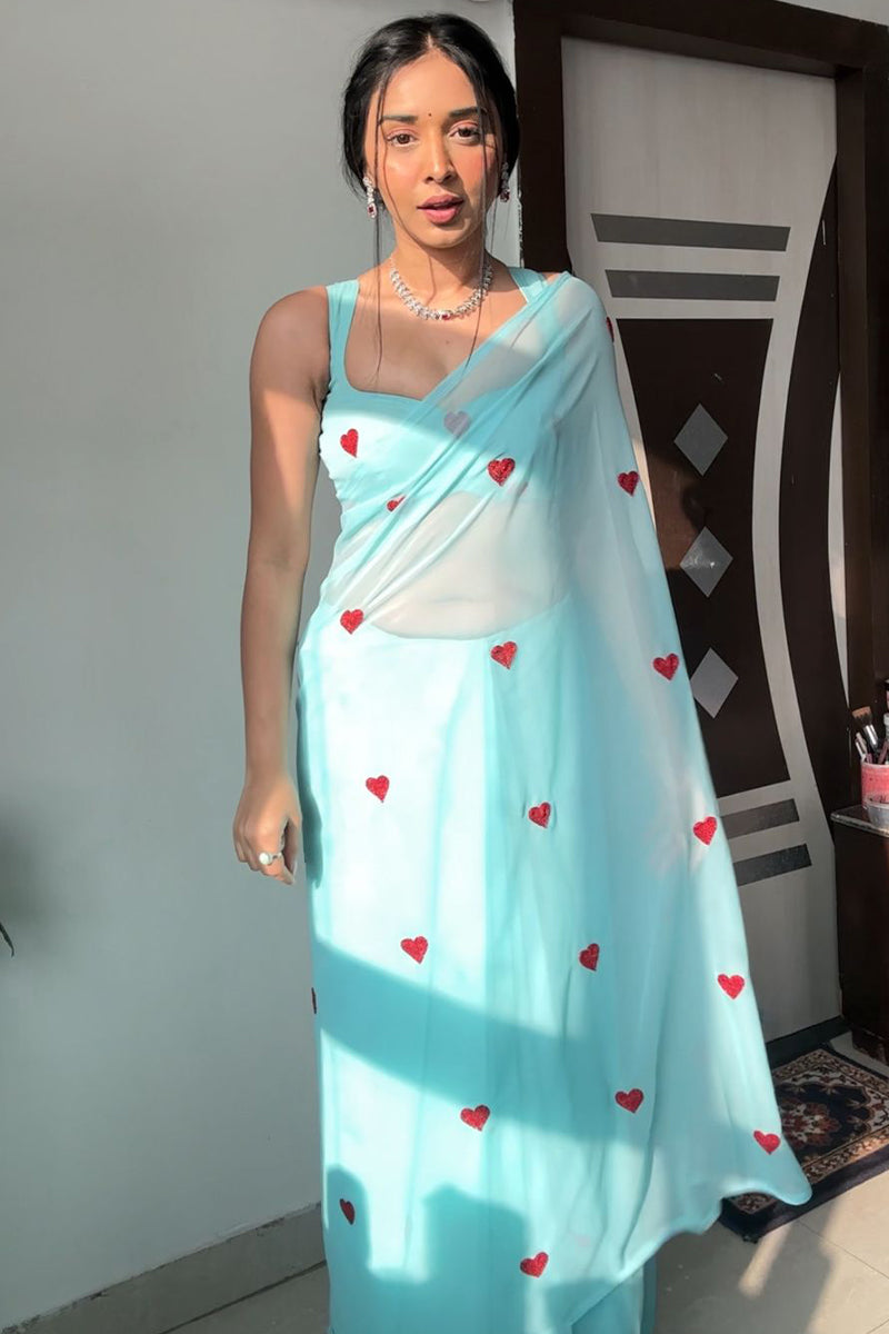 Blooming One Minute Ready To Wear Sky Georgette Saree