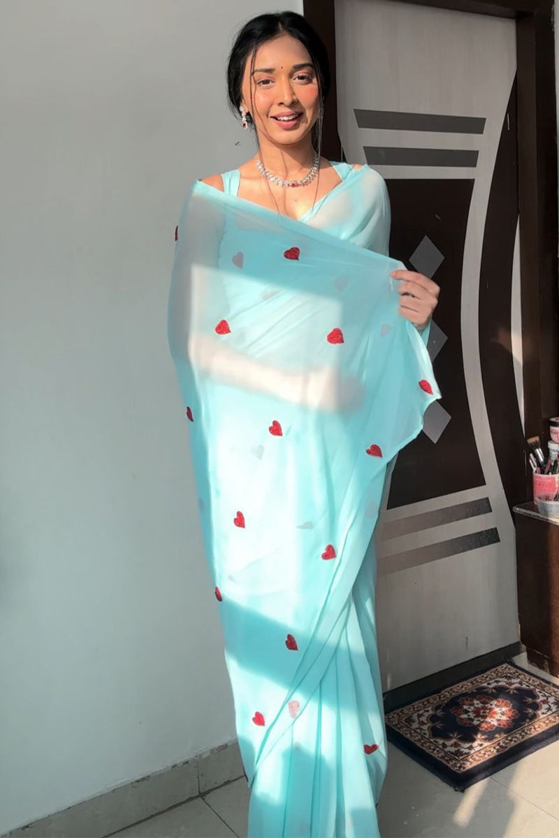 Blooming One Minute Ready To Wear Sky Georgette Saree