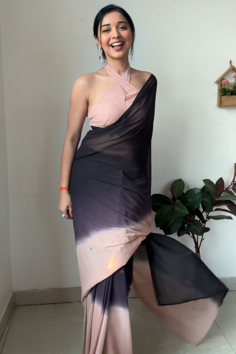 Angelic One Minute Ready To Wear Black And Peach Georgette Saree