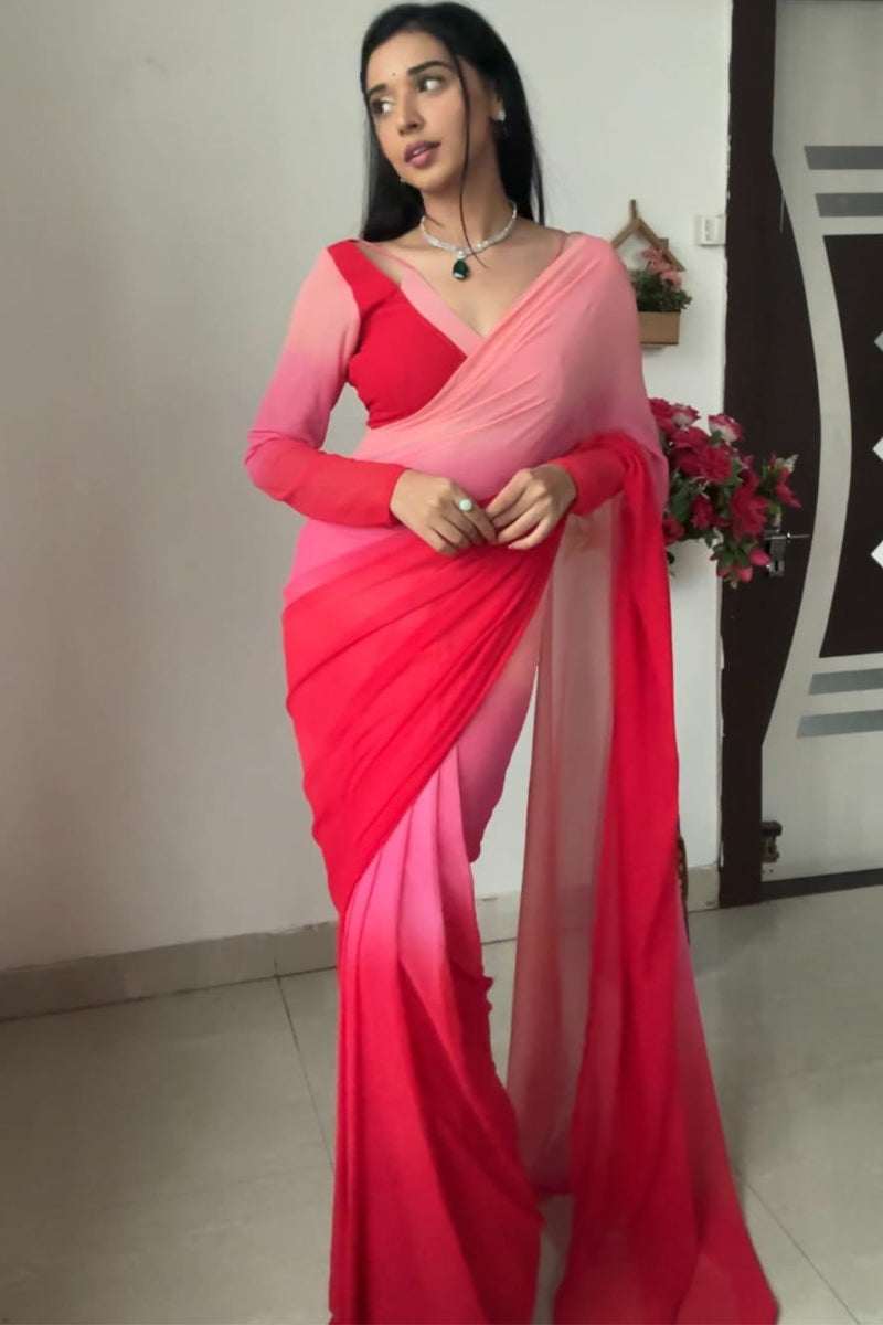 Adore One Minute Ready To Wear Red And Baby Pink Georgette Saree