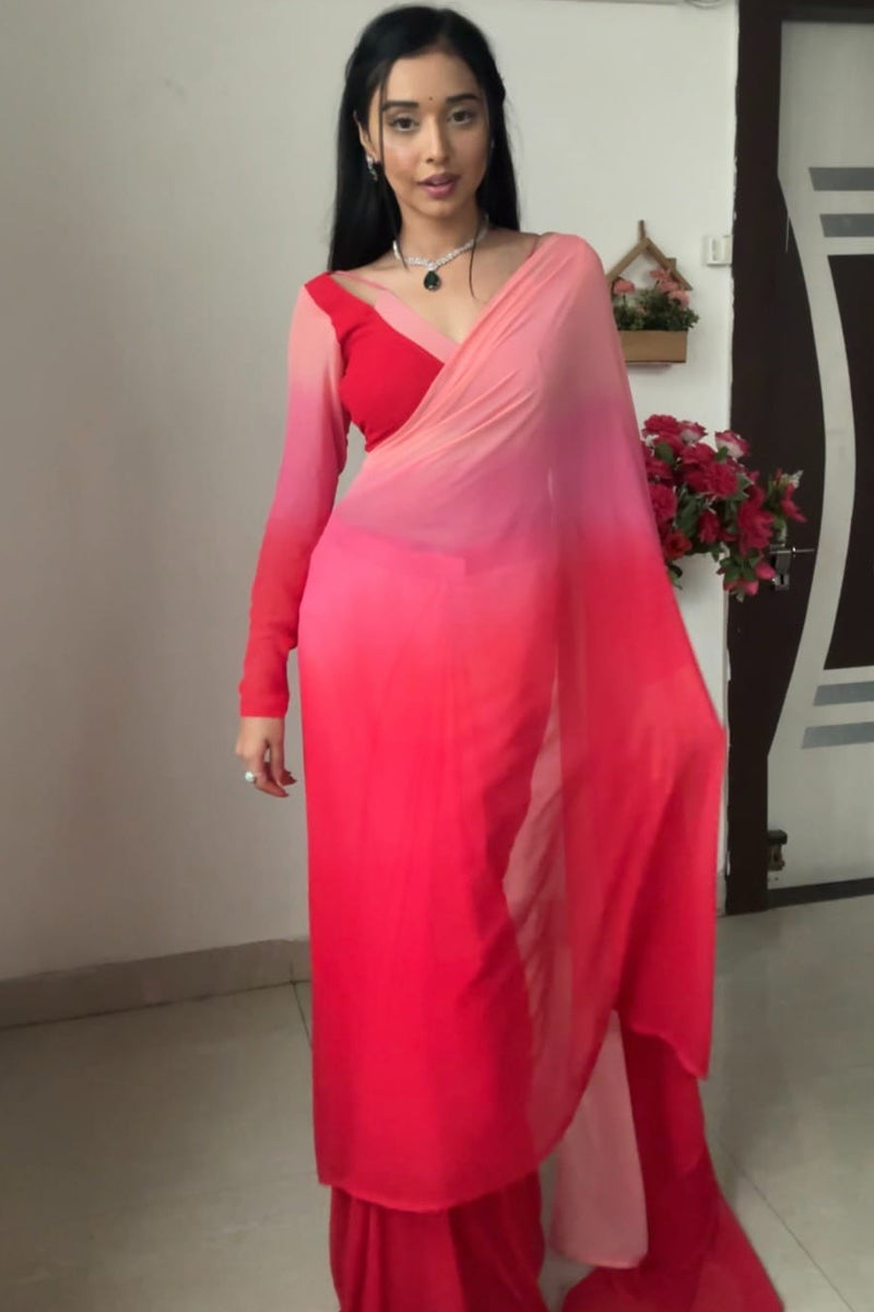 Adore One Minute Ready To Wear Red And Baby Pink Georgette Saree