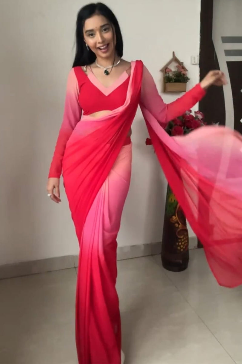 Adore One Minute Ready To Wear Red And Baby Pink Georgette Saree