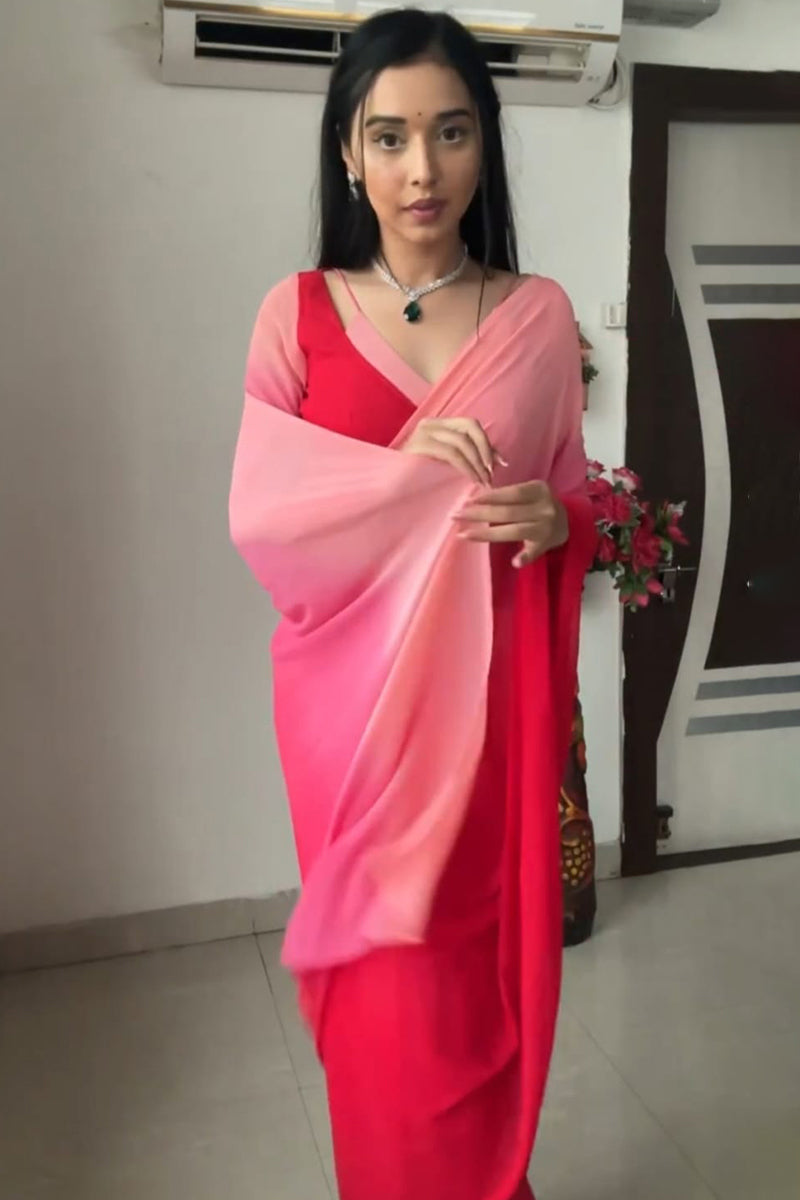 Adore One Minute Ready To Wear Red And Baby Pink Georgette Saree