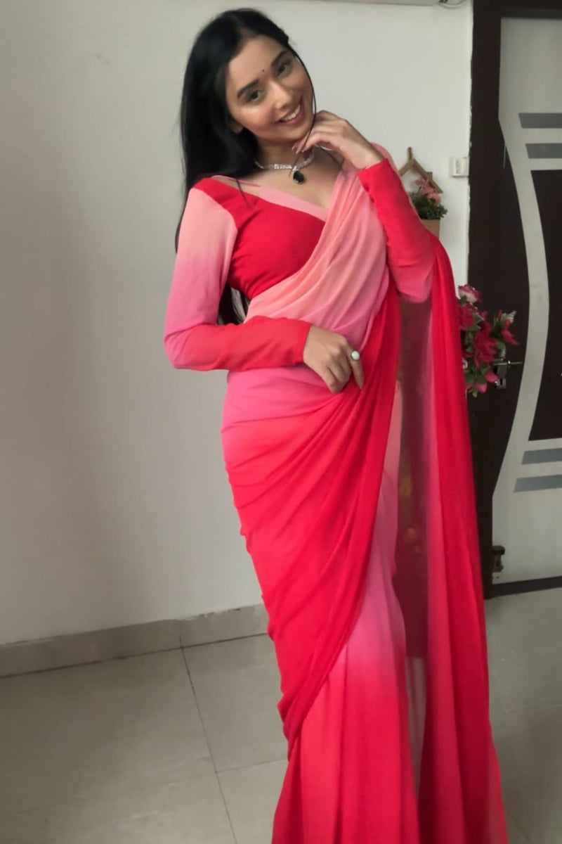 Adore One Minute Ready To Wear Red And Baby Pink Georgette Saree