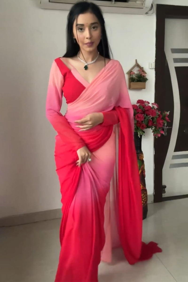 Adore One Minute Ready To Wear Red And Baby Pink Georgette Saree