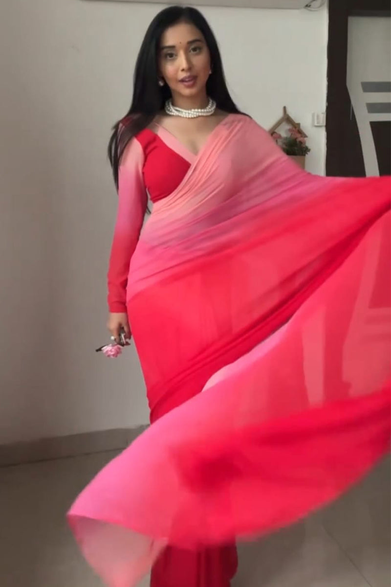 Adore One Minute Ready To Wear Red And Baby Pink Georgette Saree