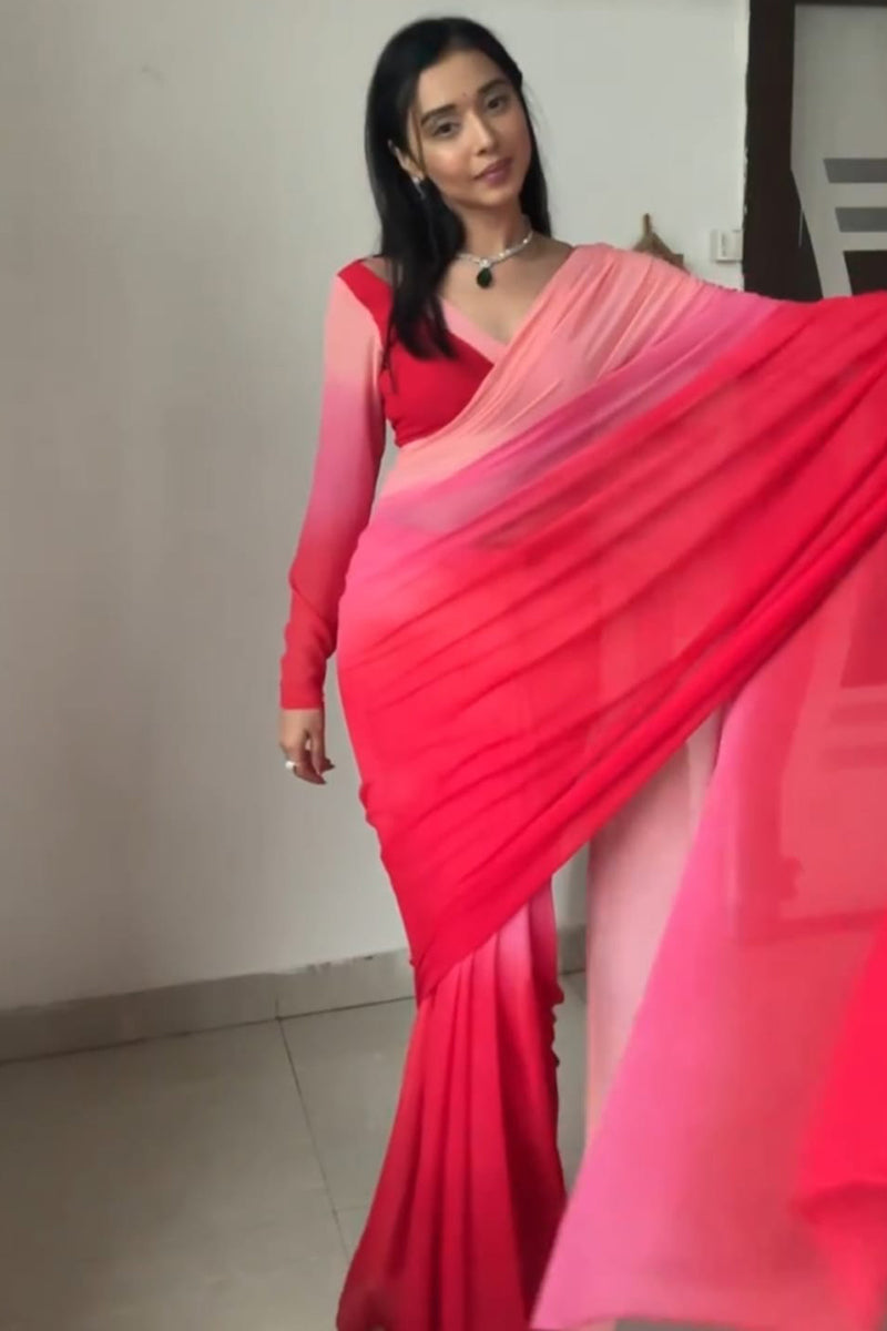 Adore One Minute Ready To Wear Red And Baby Pink Georgette Saree