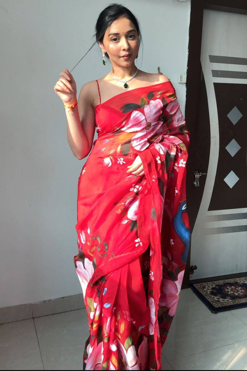 Embrace One Minute Ready To Wear Red Organza Saree