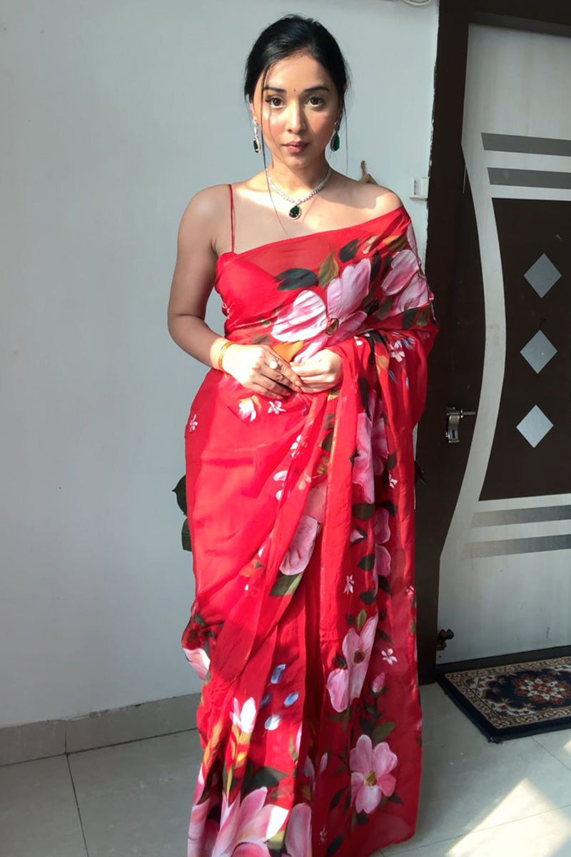 Embrace One Minute Ready To Wear Red Organza Saree