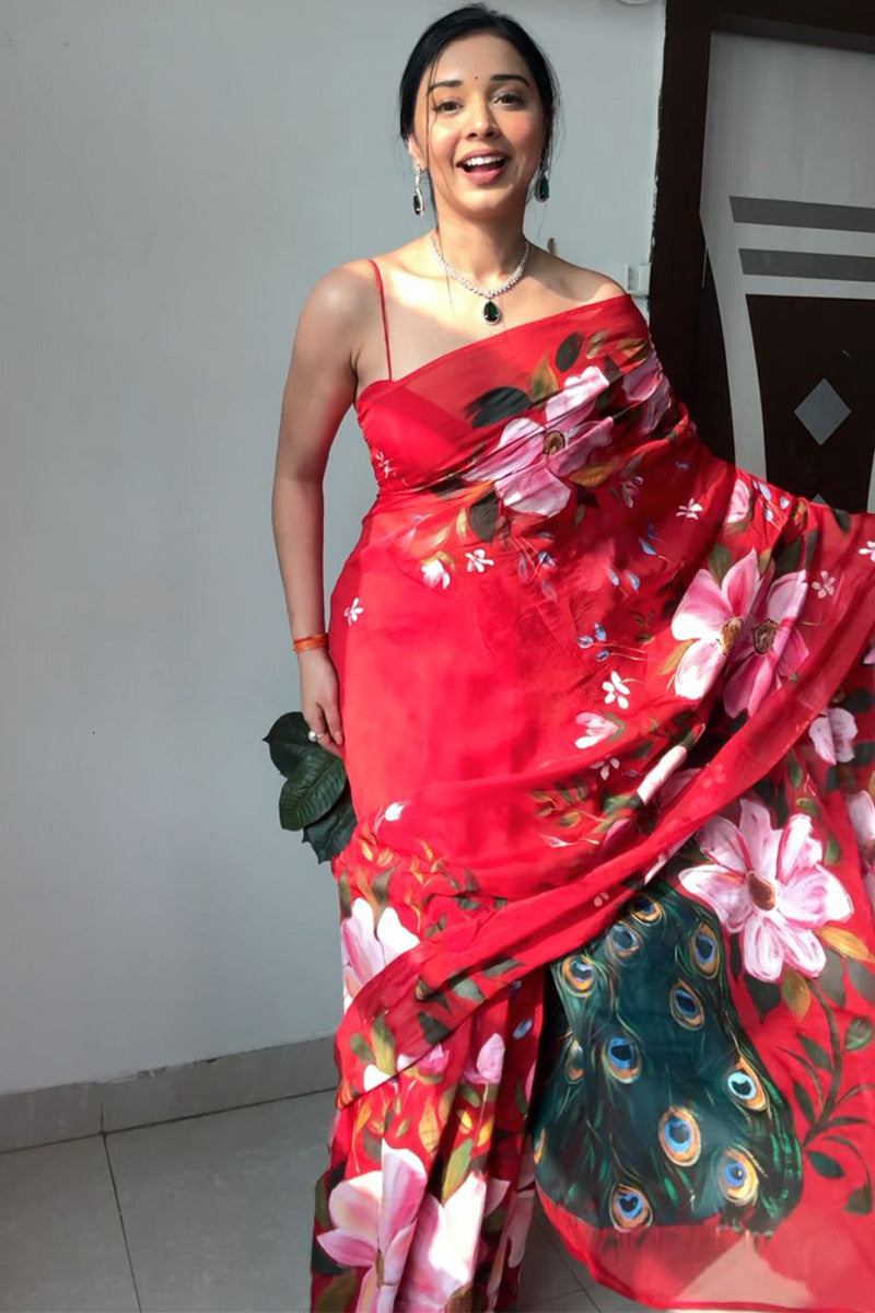 Embrace One Minute Ready To Wear Red Organza Saree