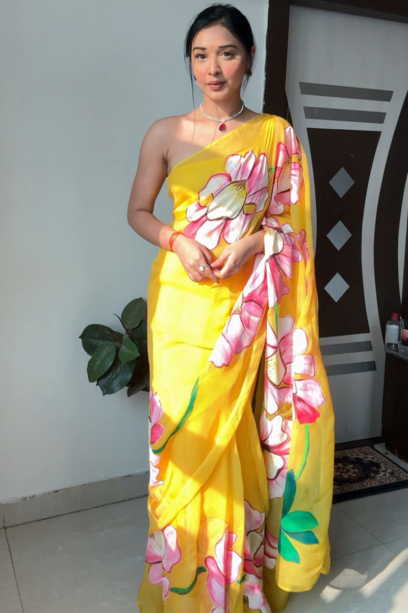 Vivid One Minute Ready To Wear Yellow Organza Saree