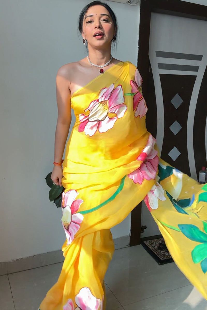 Vivid One Minute Ready To Wear Yellow Organza Saree