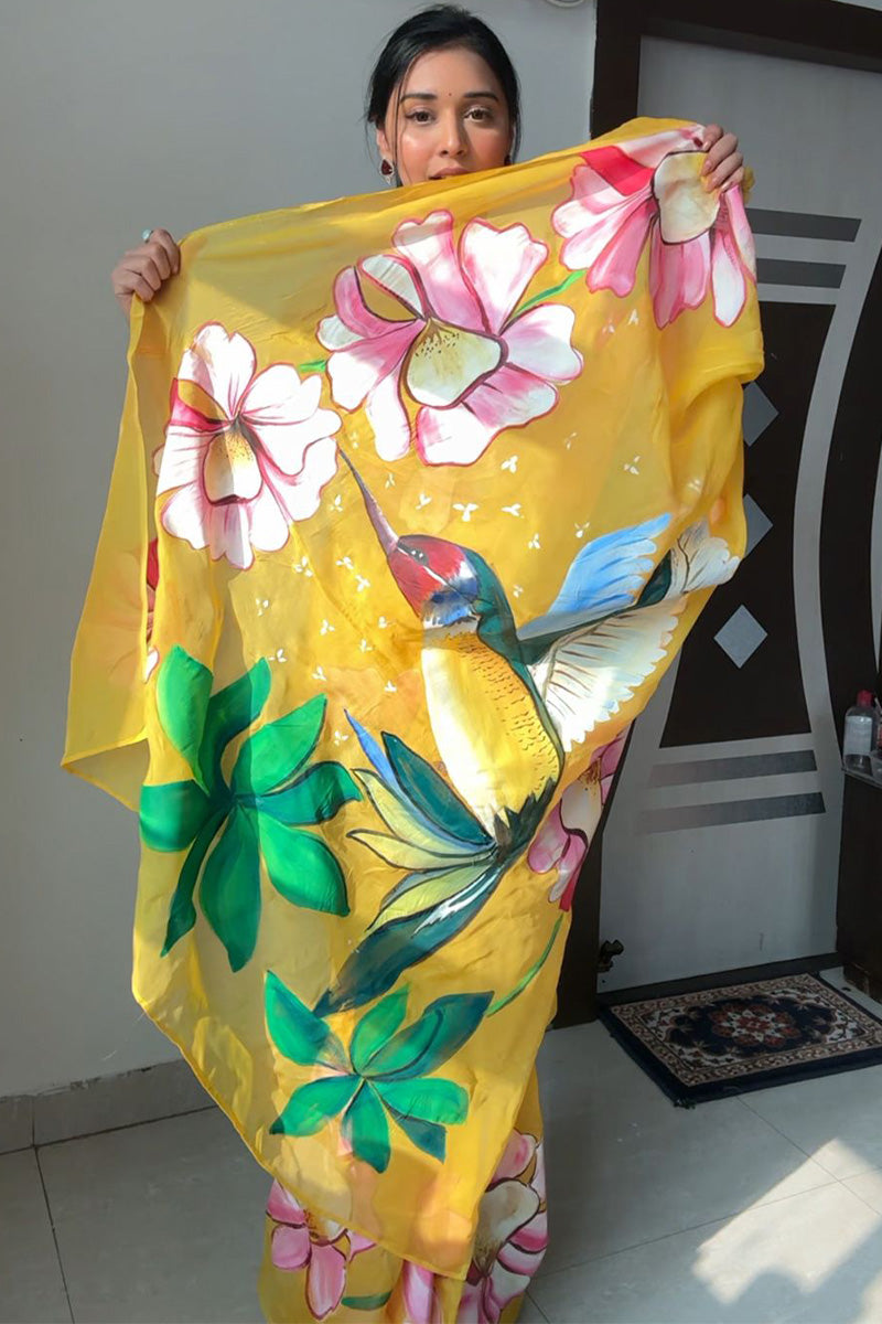 Vivid One Minute Ready To Wear Yellow Organza Saree