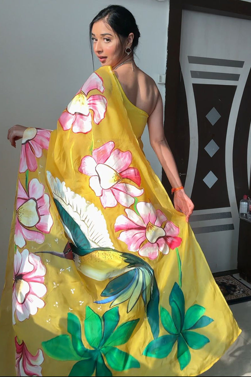 Vivid One Minute Ready To Wear Yellow Organza Saree