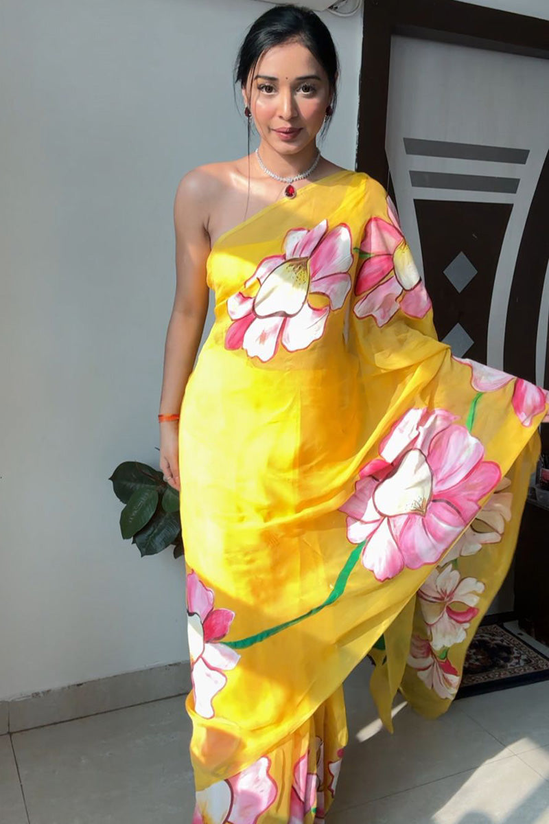 Vivid One Minute Ready To Wear Yellow Organza Saree