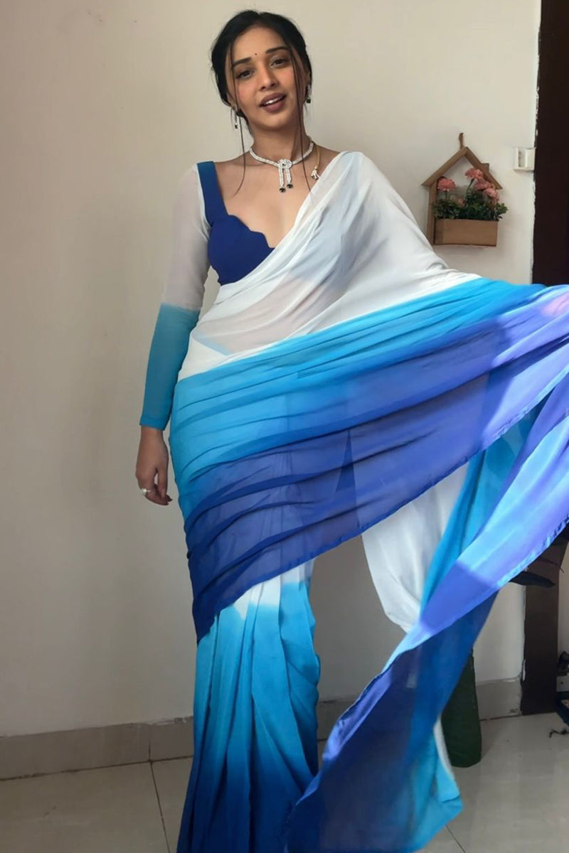 Gleam One Minute Ready To Wear Firozi And Blue Georgette Saree