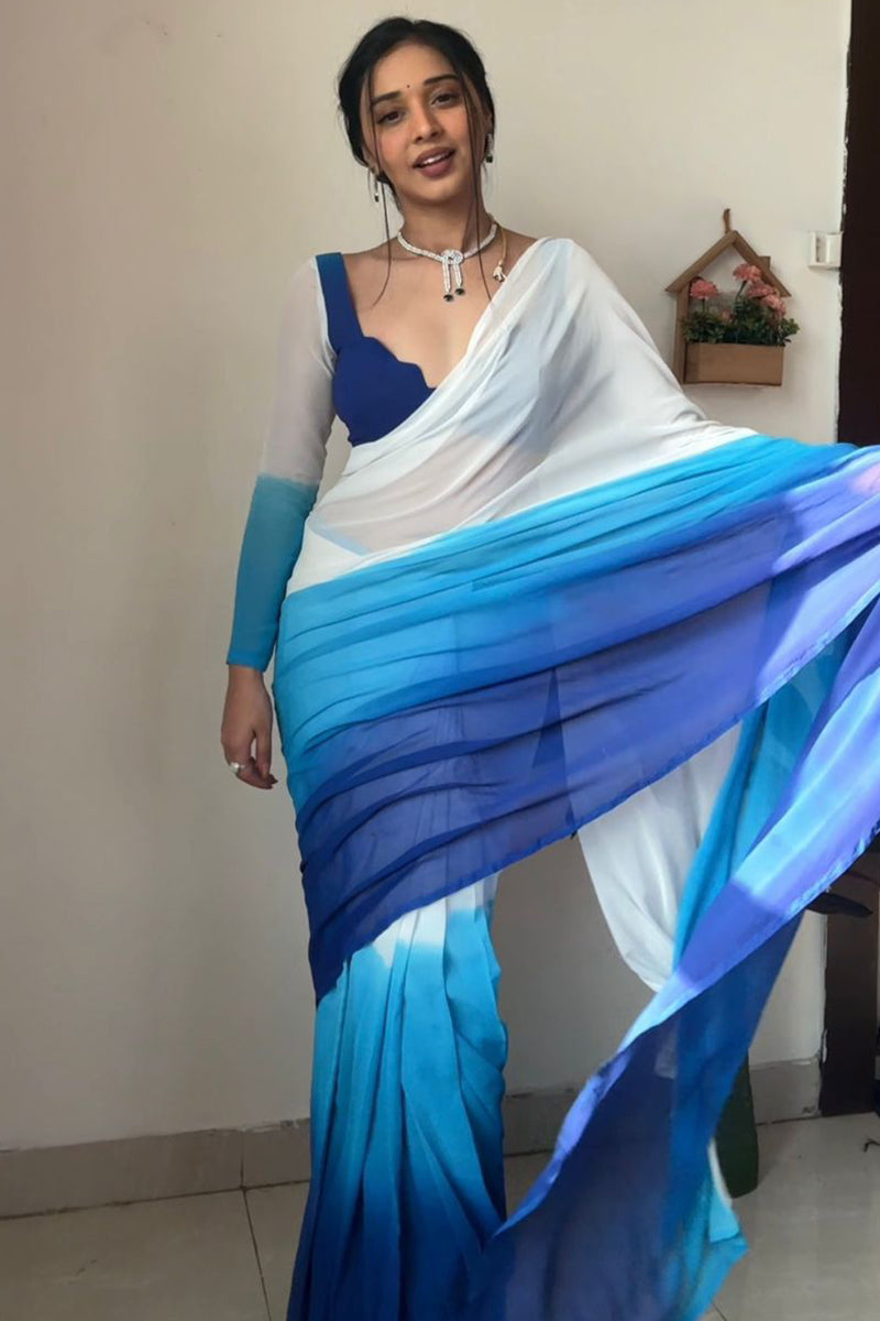 Gleam One Minute Ready To Wear Firozi And Blue Georgette Saree