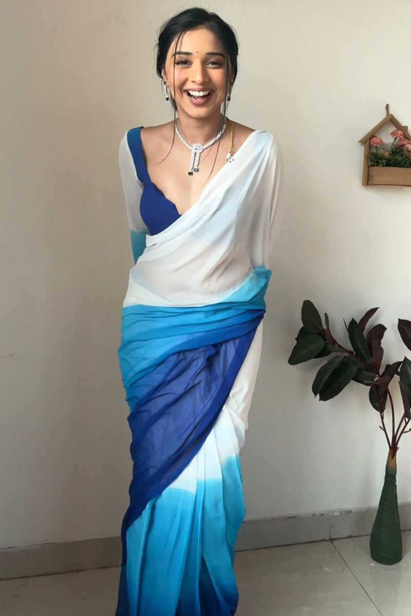 Gleam One Minute Ready To Wear Firozi And Blue Georgette Saree