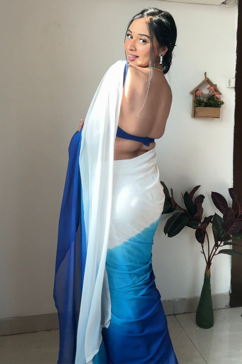 Gleam One Minute Ready To Wear Firozi And Blue Georgette Saree