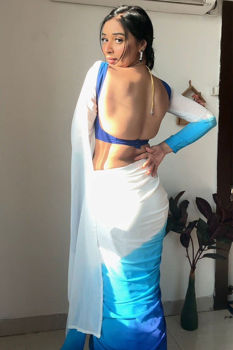 Gleam One Minute Ready To Wear Firozi And Blue Georgette Saree