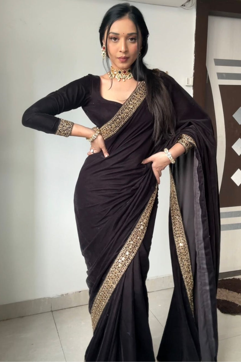 Brilliance One Minute Ready To Wear Black Velvet Saree