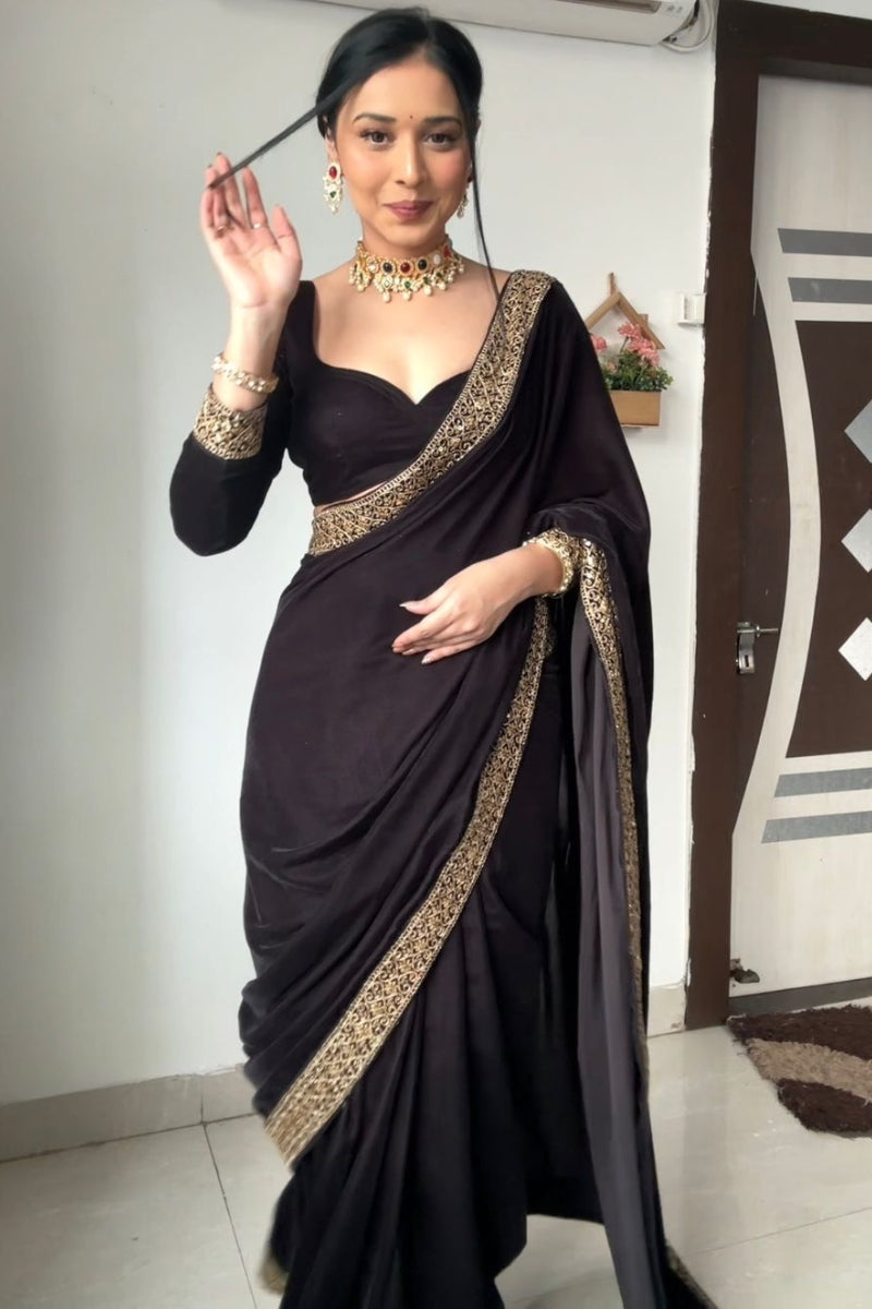 Brilliance One Minute Ready To Wear Black Velvet Saree