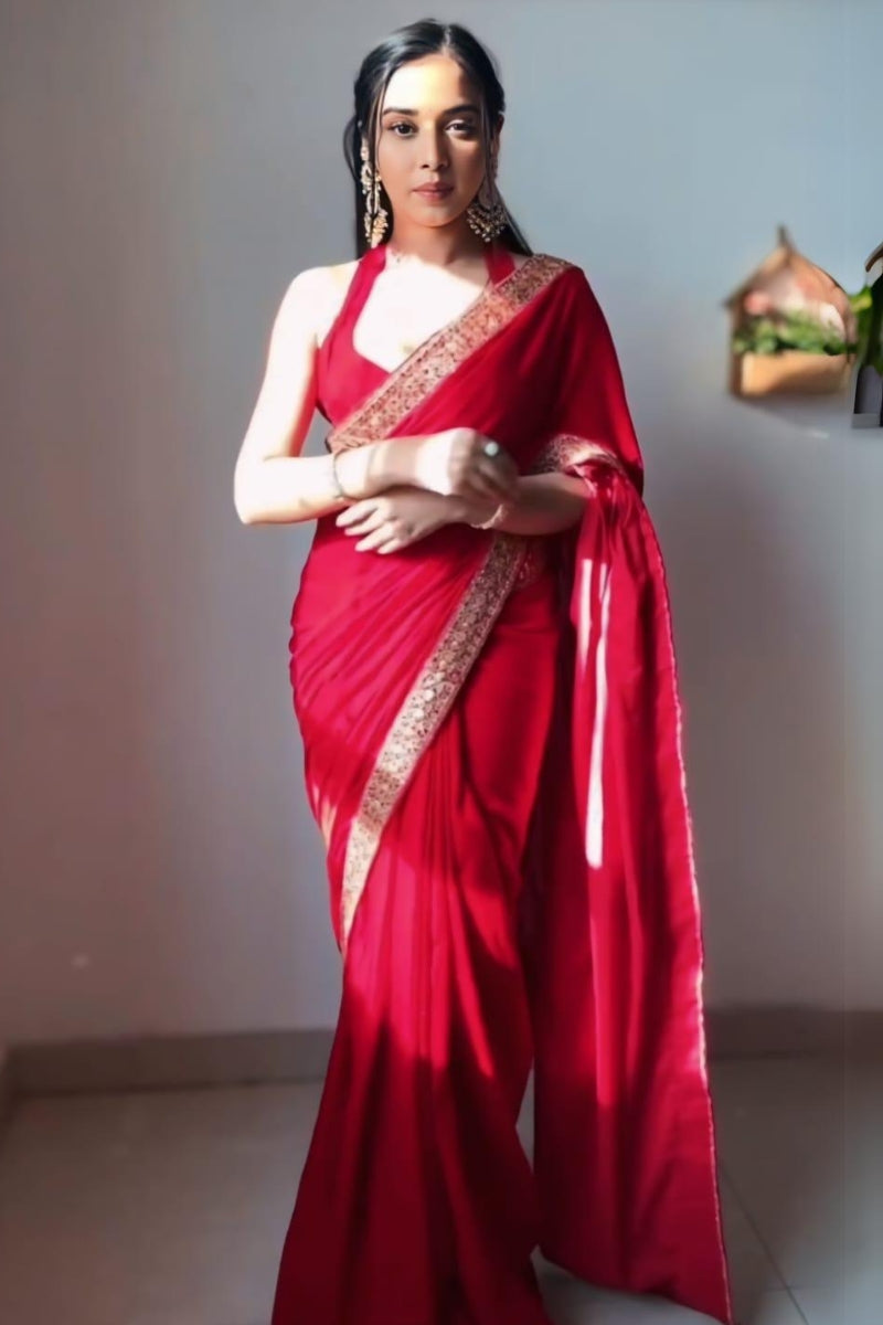 Glistening One Minute Ready To Wear Red Velvet Saree